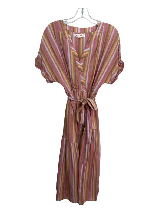 XiRENA Size M Beige & Multi Cotton Striped Round Split Neck Drop Shoulder Dress Beige & Multi / M