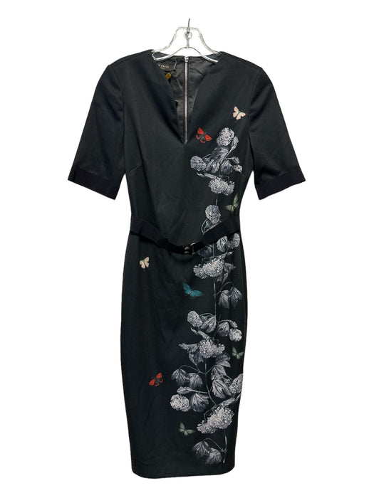 Ted Baker Size 1/S Black & White Polyester Blend Short Sleeve Flowers Midi Dress Black & White / 1/S