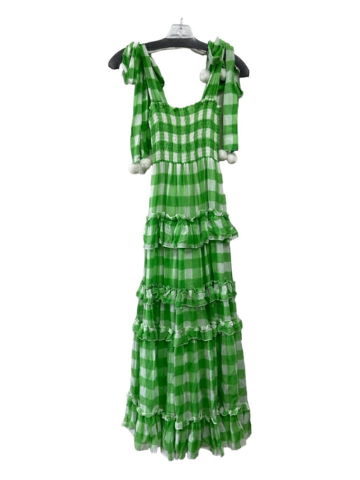 Sundress Size XS/S Green & White Viscose Gingham Pom Pom Toe Strap Maxi Dress Green & White / XS/S