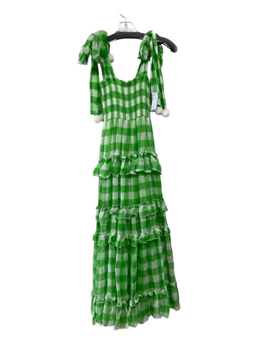 Sundress Size XS/S Green & White Viscose Gingham Pom Pom Toe Strap Maxi Dress Green & White / XS/S