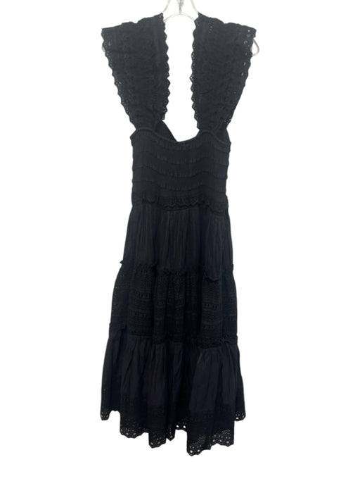 Sea New York Size M Black Cotton Eyelet Lace Zip Front Ruffle Straps Midi Dress Black / M
