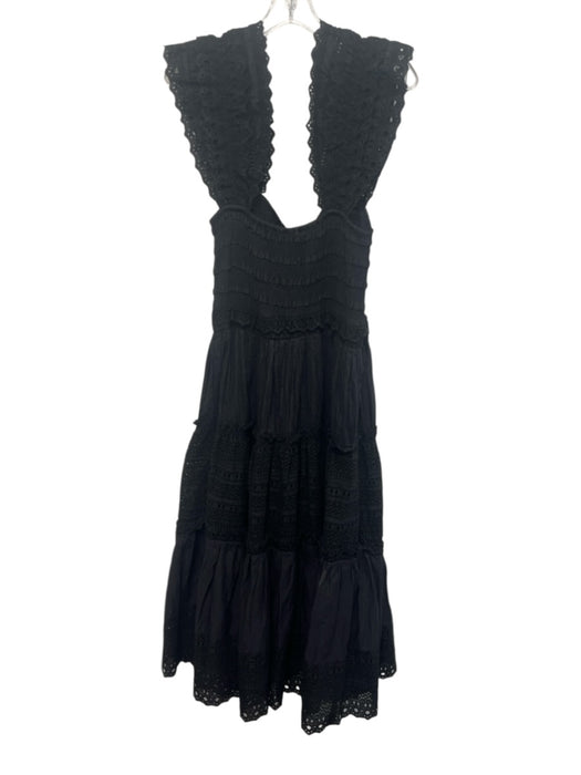 Sea New York Size M Black Cotton Eyelet Lace Zip Front Ruffle Straps Midi Dress Black / M