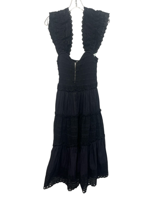 Sea New York Size M Black Cotton Eyelet Lace Zip Front Ruffle Straps Midi Dress Black / M