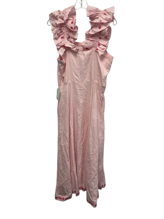 Fanm Mon Size L Pink Linen Embroidered Flowers Ruffle Straps Midi Dress Pink / L