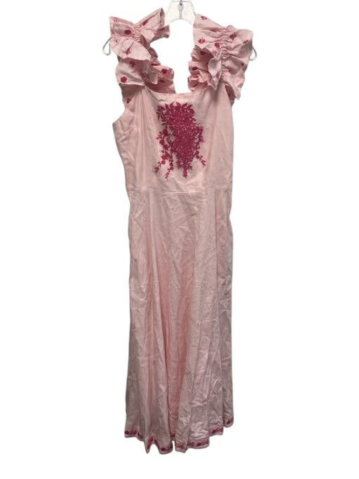 Fanm Mon Size L Pink Linen Embroidered Flowers Ruffle Straps Midi Dress Pink / L