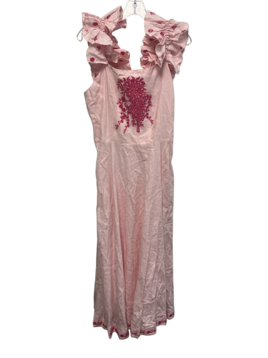 Fanm Mon Size L Pink Linen Embroidered Flowers Ruffle Straps Midi Dress Pink / L