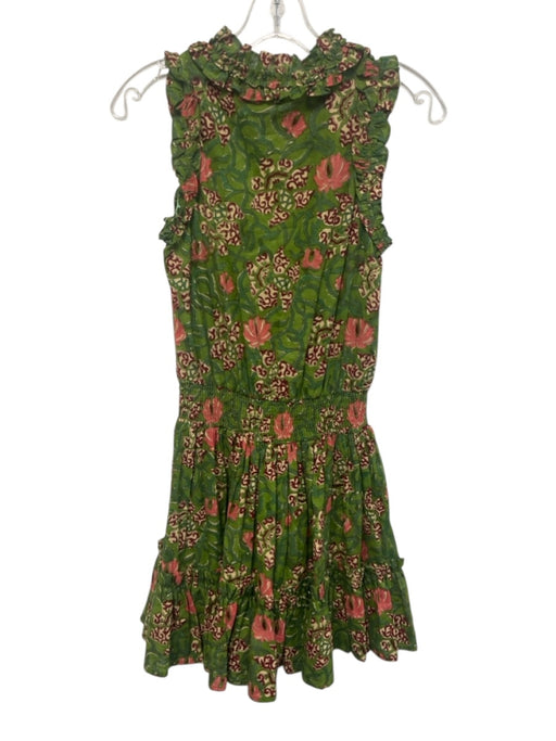 Anna Cate Size XS Green, Pink, Beige Cotton Shirred Waist Ruffle Trim Mini Dress Green, Pink, Beige / XS