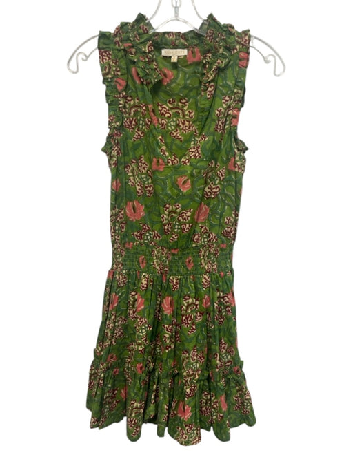 Anna Cate Size XS Green, Pink, Beige Cotton Shirred Waist Ruffle Trim Mini Dress Green, Pink, Beige / XS