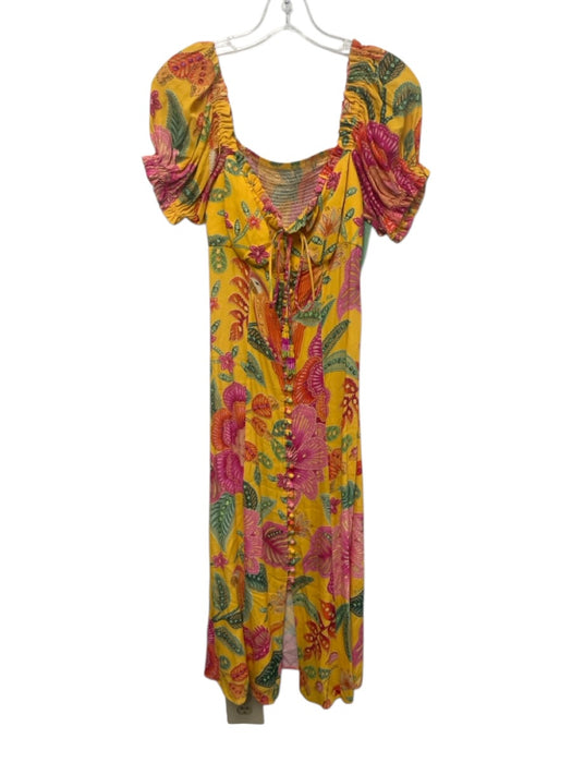 Farm Rio Size XS Yellow, Pink, Green Viscose Beaded Tassel tropical floral Dress Yellow, Pink, Green / XS