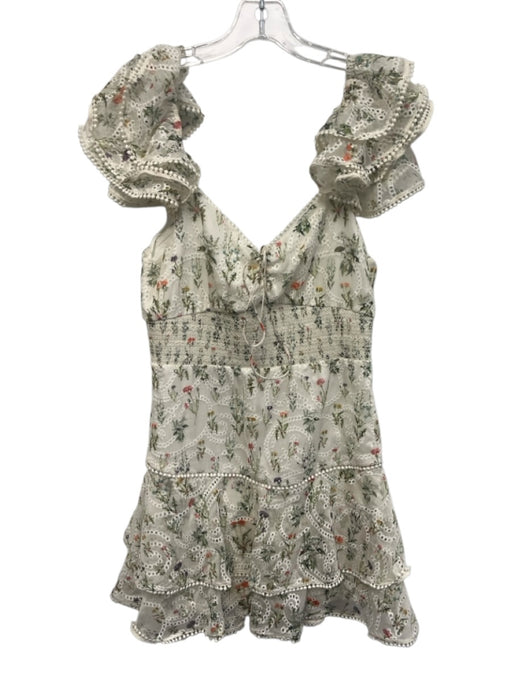 Alice + Olivia Size 6 Cream, Green, Multi Polyester Eyelet Floral Shirred Dress Cream, Green, Multi / 6