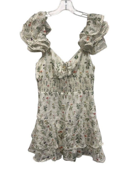 Alice + Olivia Size 6 Cream, Green, Multi Polyester Eyelet Floral Shirred Dress Cream, Green, Multi / 6