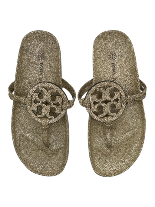 Tory Burch Shoe Size 5.5 Cream & Tauope Print Leather Stingray Thong Sandals Cream & Tauope Print / 5.5