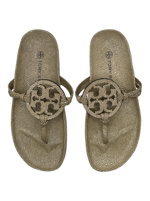Tory Burch Shoe Size 5.5 Cream & Tauope Print Leather Stingray Thong Sandals Cream & Tauope Print / 5.5