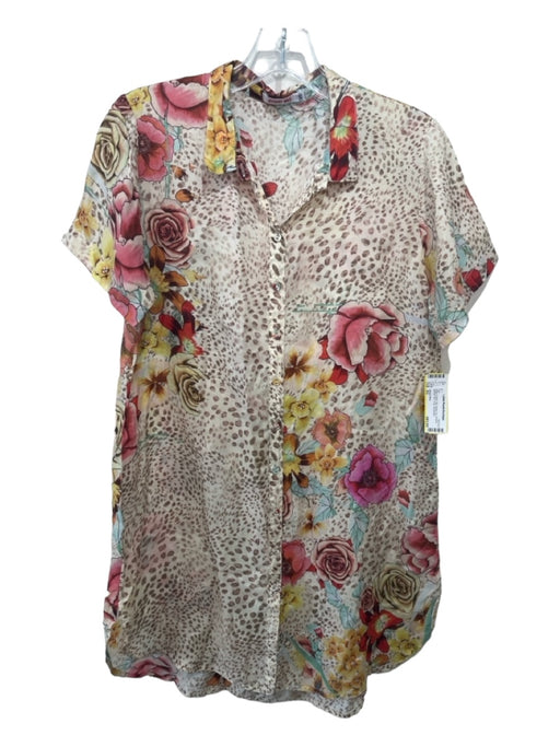 Johnny Was Size XS Beige & Multi Silk Button Up Floral & Animal Print Tunic Top Beige & Multi / XS