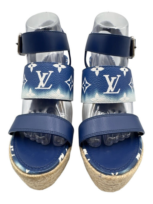 Louis Vuitton Shoe Size 39.5 Blue & White Leather Leather Monogram Wedge Sandals Blue & White / 39.5