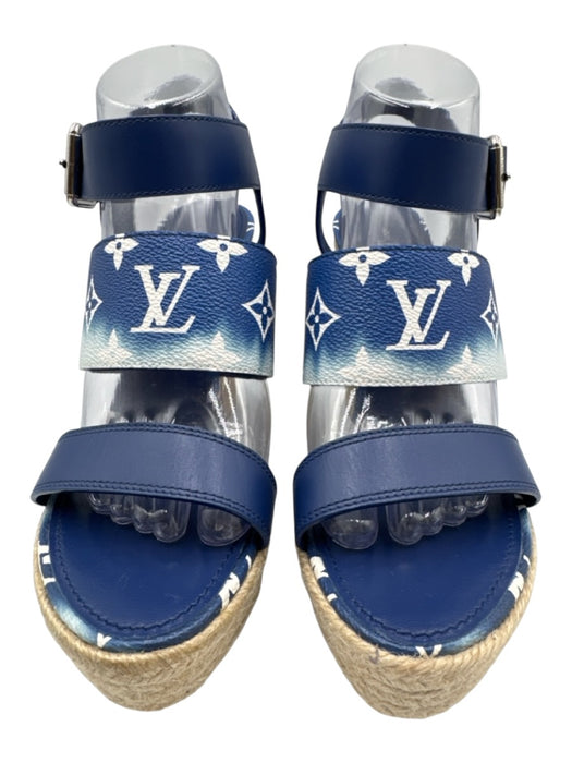 Louis Vuitton Shoe Size 39.5 Blue & White Leather Leather Monogram Wedge Sandals Blue & White / 39.5