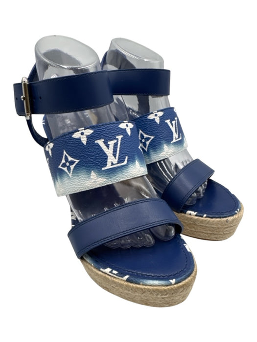 Louis Vuitton Shoe Size 39.5 Blue & White Leather Leather Monogram Wedge Sandals Blue & White / 39.5