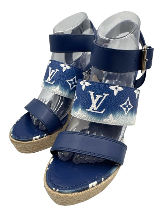 Louis Vuitton Shoe Size 39.5 Blue & White Leather Leather Monogram Wedge Sandals Blue & White / 39.5