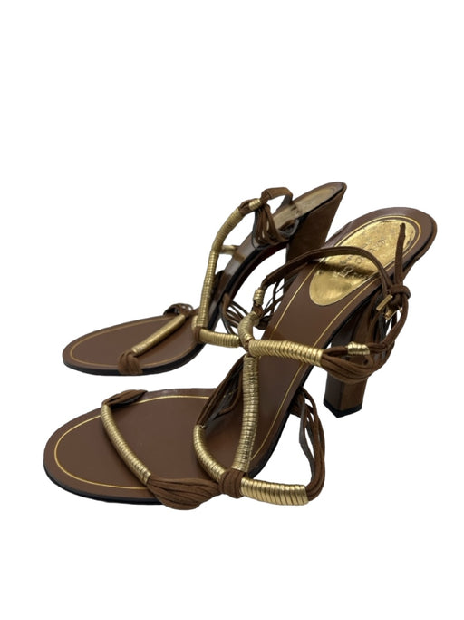 Gucci Shoe Size 39.5 Brown & Gold Leather open toe Strappy Open Heel Pumps Brown & Gold / 39.5