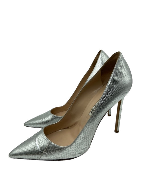 Manolo Blahnik Shoe Size 39.5 Silver Leather Snake Embossed Pointed Toe Pumps Silver / 39.5