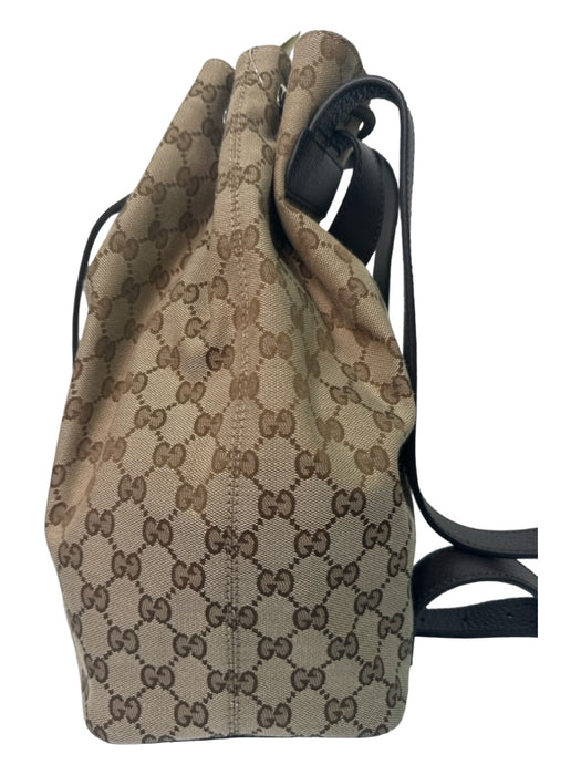 Gucci Beige & Brown Canvas Leather trim Drawstring Side Zip Backpack Bag Beige & Brown / Medium