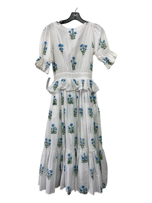 Day Dress Size XS White, Green, Blue Cotton & Acetate Short Puff Sleeve Dress White, Green, Blue / XS