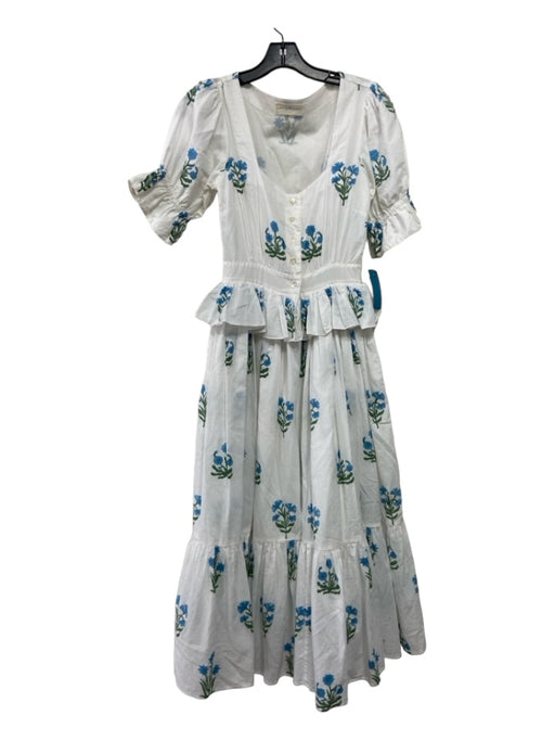 Day Dress Size XS White, Green, Blue Cotton & Acetate Short Puff Sleeve Dress White, Green, Blue / XS