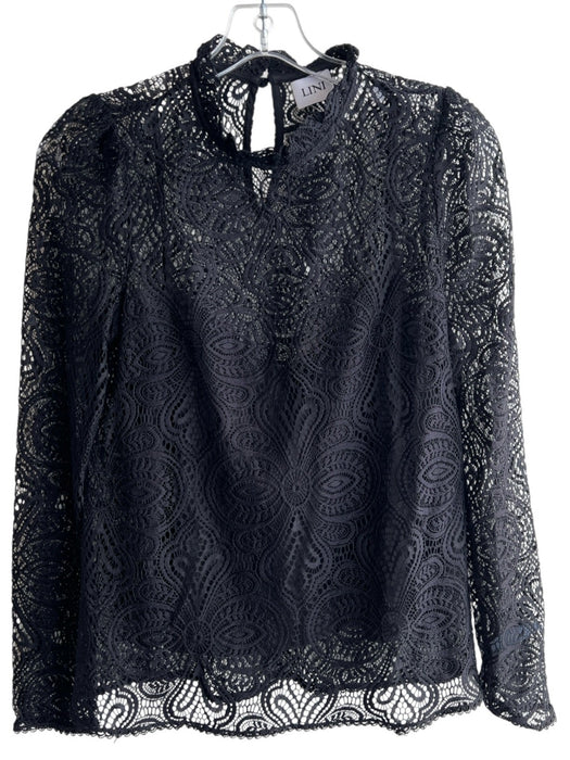Lini Size Small Black Nylon Long Sleeve Camisole Mock Collar Crochet Top Black / Small