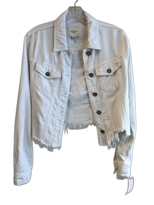 Hidden Size XS White Cotton Frayed Hem Pockets Front Button Jacket White / XS