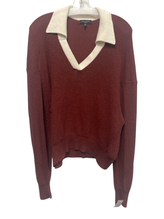 Rag & Bone Size M Burgundy Cotton Constrast Collar Long Sleeve V Neck Sweater Burgundy / M