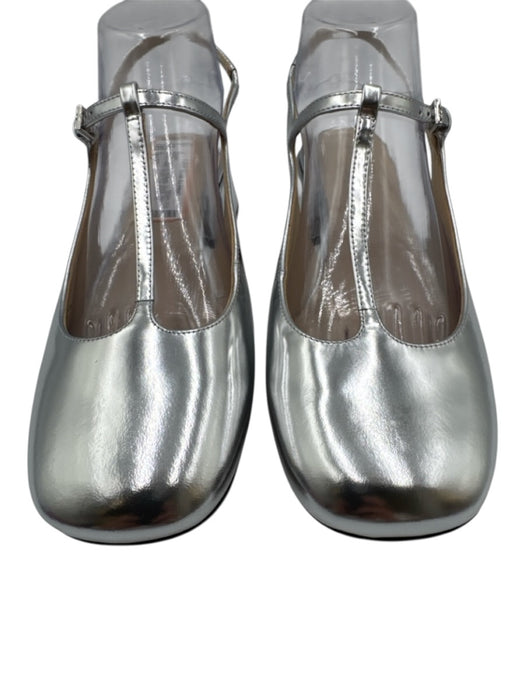 Marc Fisher Shoe Size 8.5 Silver Leather & Synthetic Block Heel Square Toe Shoes Silver / 8.5