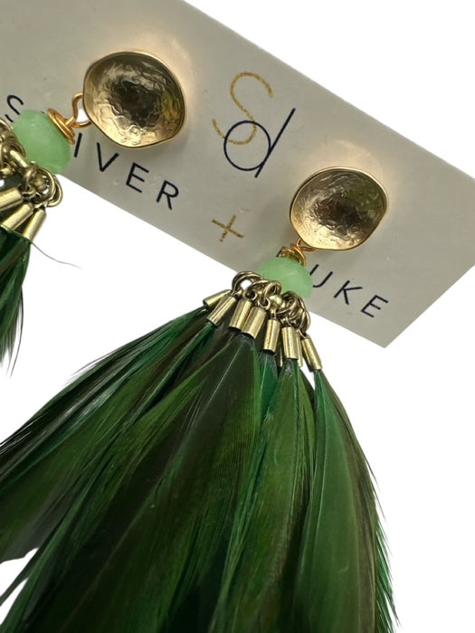 Shiver + Duke Green Feather Dangle Gold Tone Accent Earrings Green