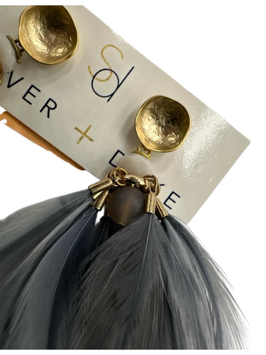 Shiver + Duke Grey Feather Dangle Gold Tone Accent Earrings Grey