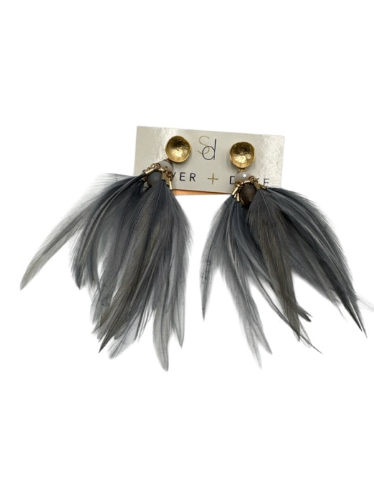 Shiver + Duke Grey Feather Dangle Gold Tone Accent Earrings Grey