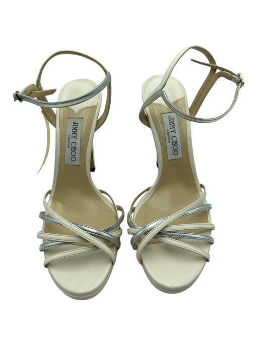 Jimmy Choo Shoe Size 40 White & Silver Leather open toe Ankle Strap Pumps White & Silver / 40