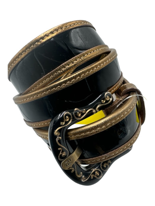 Fendi Black & Gold Leather Patent Gold Trim Resin Buckle Filigree Belts Black & Gold / 32