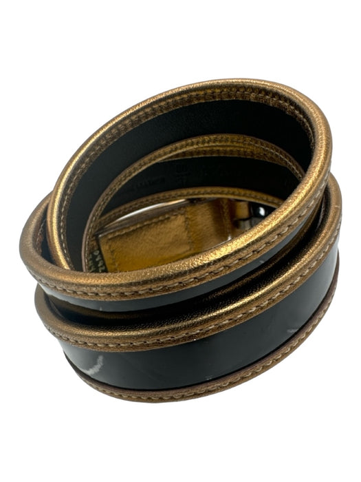 Fendi Black & Gold Leather Patent Gold Trim Resin Buckle Filigree Belts Black & Gold / 32