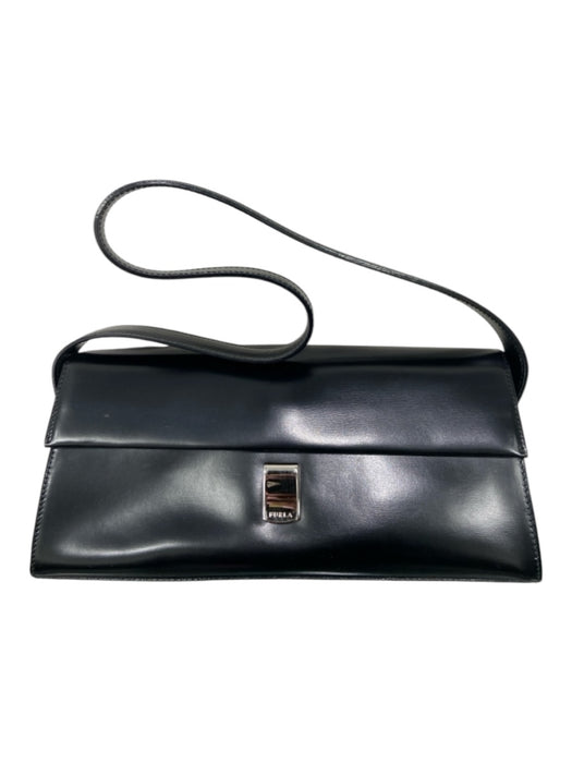 Furla Black Polished Leather Push Lock Flap Shoulder Bag Rectangle Bag Black / Small