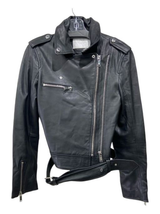 Zara Size L Black Sheep Leather Zip Front Moto silver hardware Jacket Black / L