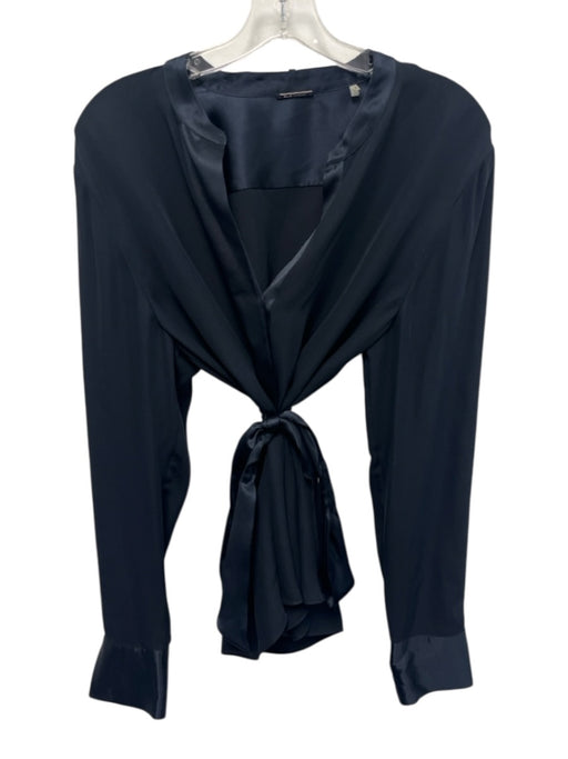 Elie Tahari Size Large Navy Blue Silk Long Sleeve Button Front Tie Neck Top Navy Blue / Large