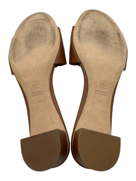 CH Carolina Herrera Shoe Size 40 Tan Brown Leather Block Heel Logo Mule Sandals Tan Brown / 40