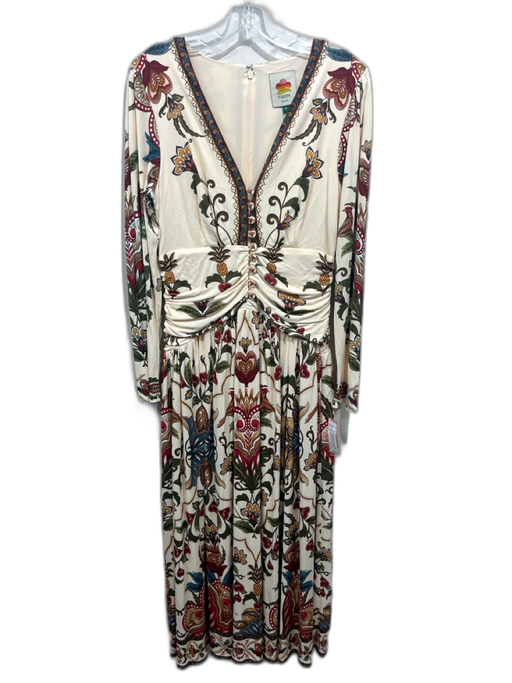 Farm Rio Size M Cream & Multi Viscose Botanical Long Sleeve Draped Detail Dress Cream & Multi / M