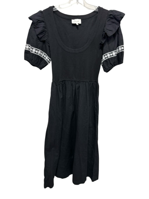 Cleobella Size M Black & White Cotton Blend Short Puff Sleeve U Neck Dress Black & White / M