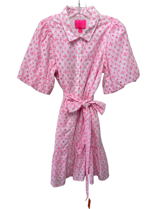 Lilly Pulitzer Size 10 White & Pink Cotton Eyelet Lace Short Puff Sleeve Dress White & Pink / 10