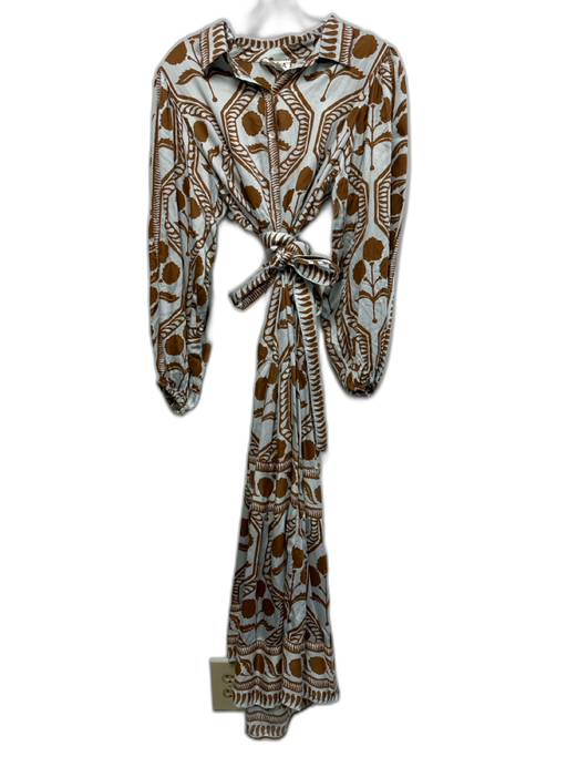 Omika Size M Brown & Blue Modal Leaf Print Long Puff Sleeve Collar Dress Brown & Blue / M
