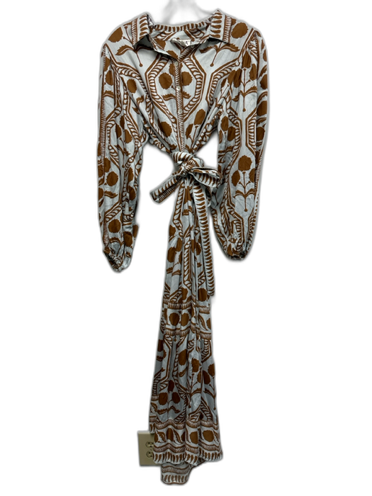 Omika Size M Brown & Blue Modal Leaf Print Long Puff Sleeve Collar Dress Brown & Blue / M