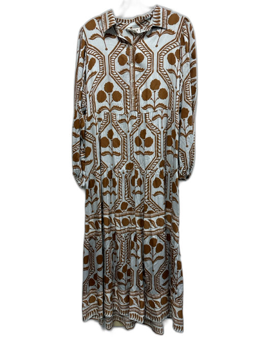 Omika Size M Brown & Blue Modal Leaf Print Long Puff Sleeve Collar Dress Brown & Blue / M
