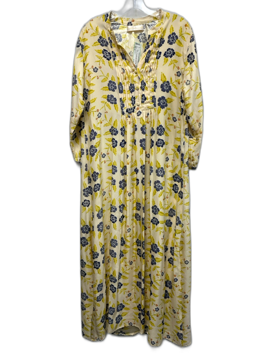 Natalie Martin Size S Cream, Yellow & Blue Silk Floral Long Puff Sleeve Dress Cream, Yellow & Blue / S