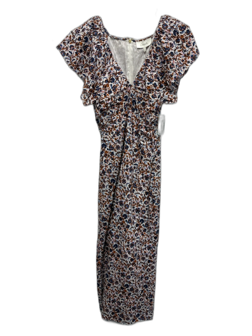 Cleobella Size M White, Orange & Blue Cotton Floral & Leaf Print V Neck Dress White, Orange & Blue / M