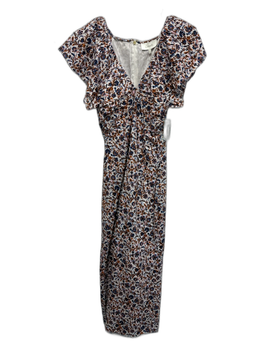 Cleobella Size M White, Orange & Blue Cotton Floral & Leaf Print V Neck Dress White, Orange & Blue / M